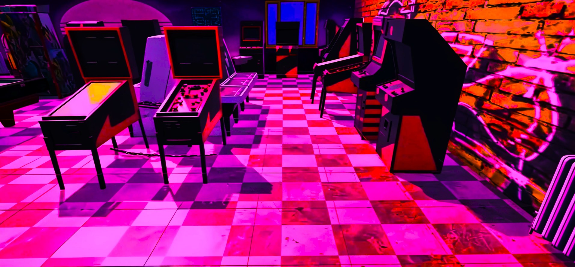 Retro arcade hub with neon lighting
