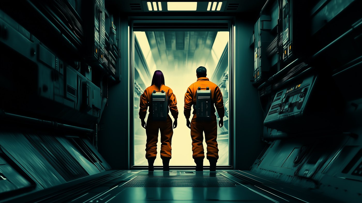 Pair walking toward a bright exit corridor